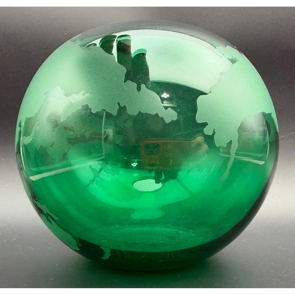 Silvestri Mouth Blown Glass Globe Vase Emerald Green Etched World Map Round 6in